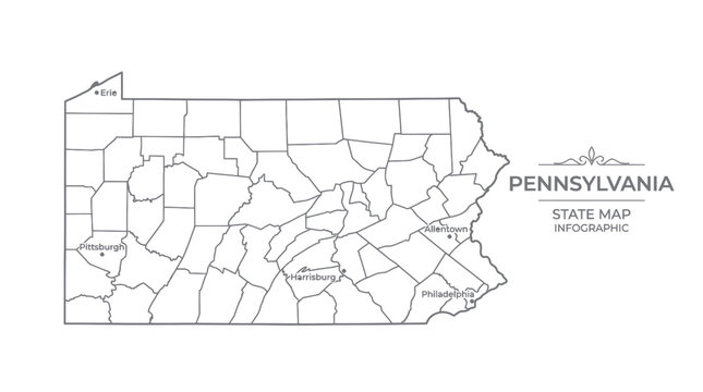 Pennsylvania State Map Outline with Cities and Counties