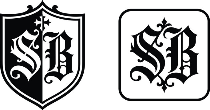 Ornate Black and White SB Monogram Logo Set with Shield and Square Emblem Designs for Heraldic Crest Brand Identity and Graphic Projects