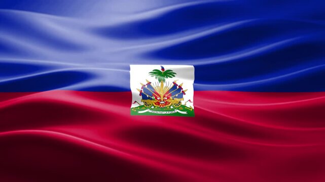 Haitian Flag Waving Over Ocean with Coat of Arms Emblem in Tropical Setting