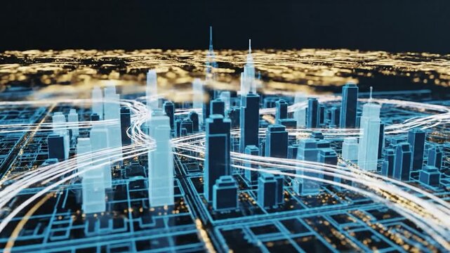 Digital visualization of smart city infrastructure featuring illuminated buildings and light trails representing traffic flow patterns