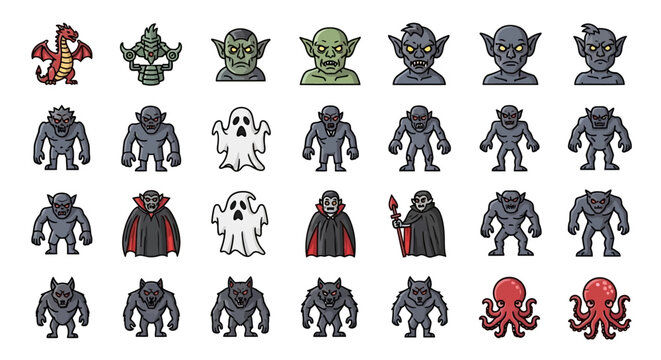 Collection of monster and creature cartoon icons.
