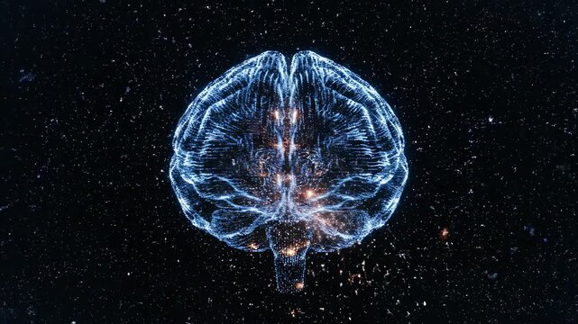 Digital brain pulsates with neural energy, exploding outwards into a field of particles. Glowing point cloud rendering creates a futuristic visual of neurological processes.