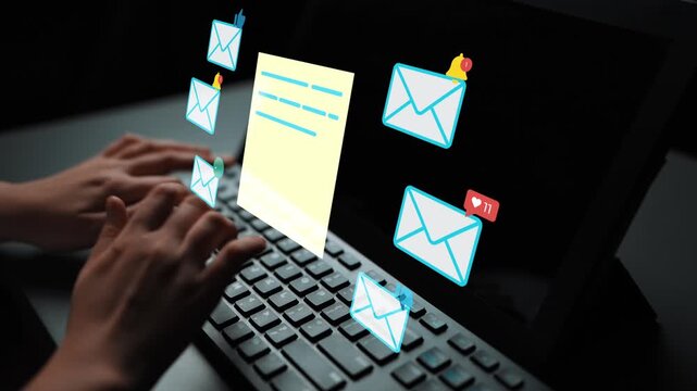 Hands Typing on Keyboard with Floating Email Symbols and Notifications Illustrating Digital Communication and Email Alerts in Modern Technology. Entropy.