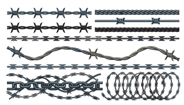 Barbed wire and razor border collection. Metallic chain link, twisted rope braids, security fences, sharp coils and defense protective barrier vectors.