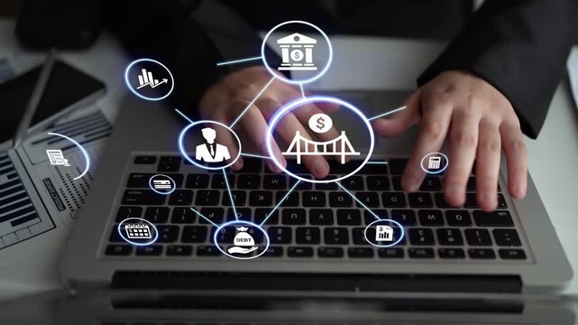 Loan icons represent debt, repayment, and financial planning. Loan supports banking, loan connects credit with payment systems, and loan helps manage interest effectively. Funnel