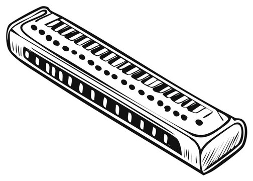 Harmonica Isolated Hand Drawn Style, Musical Instrument Vector Illustration for Music Lovers, Song, Blues, Rock, and Country Music Fans