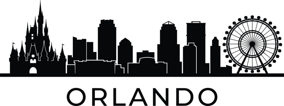 Orlando Florida Skyline Silhouette Vector Illustration with Castle Ferris Wheel and City Buildings for Travel Tourism and Souvenir Designs