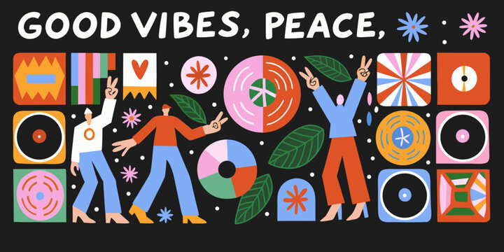 Retro styled floral ornament and peace sign illustration with geometric shapes