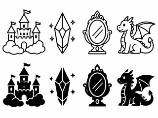 Obraz premium Fantasy icons: castle, crystal, mirror, dragon designs in black and white