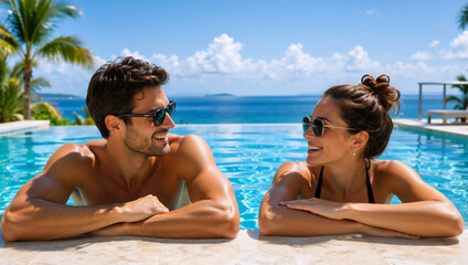 Fototapeta premium Smiling young couple relaxing in an infinity pool overlooking the ocean. Man and woman wearing sunglasses on a tropical summer vacation. Luxury resort and honeymoon travel concept