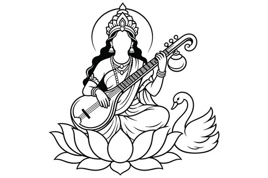 Goddess playing traditional sitar on lotus flower