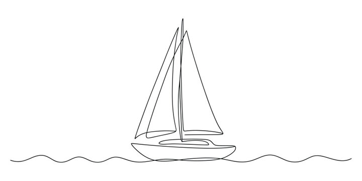 Minimalist continuous line drawing of a simple sailboat sailing on the ocean waves