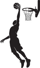 Black silhouette of a person dunking a basketball against a white background basketball hoop © MDARMAN