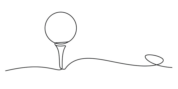 Continuous single line drawing of a golf ball resting on a tee on the green field