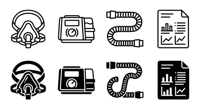 Cpap machine components and graphical data icons
