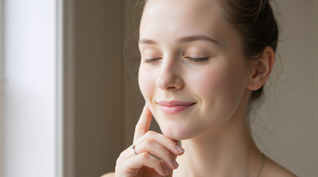 Close up portrait of a young woman with closed eyes and a gentle smile. Skincare and natural beauty concept with soft lighting