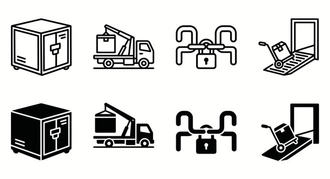 Logistics icons: package delivery, crane truck, security lock, loading dock