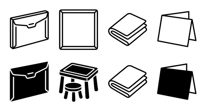 Icon set: envelope, frame, book, card, stool, tablet