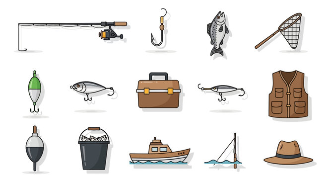 Fishing icons and equipment illustrations.
