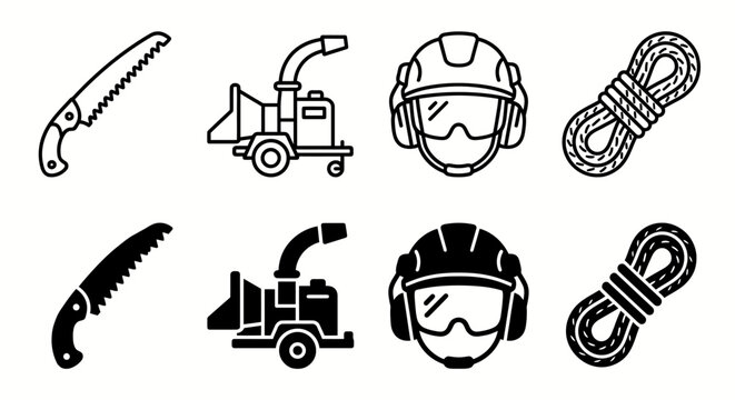Forestry tools and safety gear icons: saw, wood chipper, helmet, rope