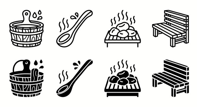 Set of sauna icons: bucket, ladle, hot stones, wooden bench