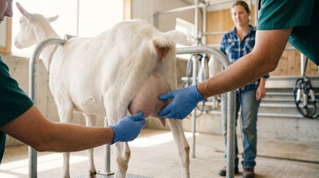 Dairy goat udder exam, Farm veterinary mastitis care, Clean milking shed, Small livestock healthcare, Professional rural medicine, Selective focus