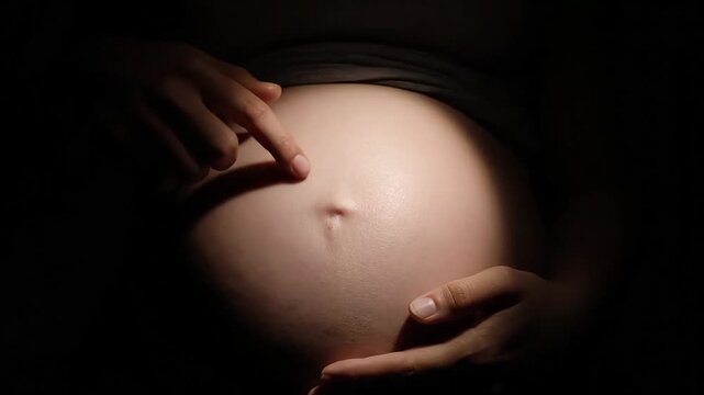 Pregnant woman cradling her bare belly with both hands