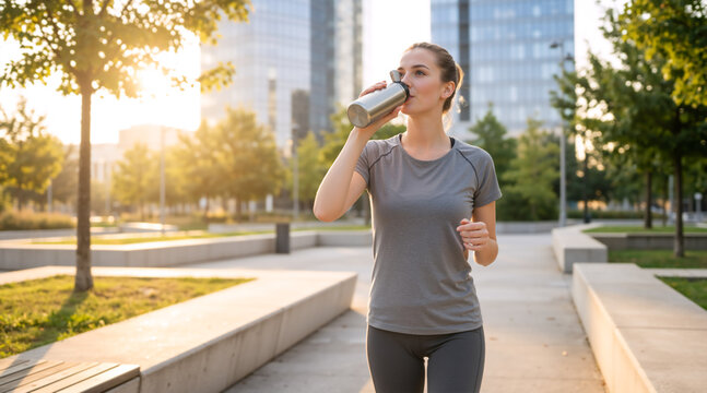 Athletic woman drinking water from a metal bottle in an urban park. Active female runner jogging in the city at sunset. Healthy lifestyle concept
