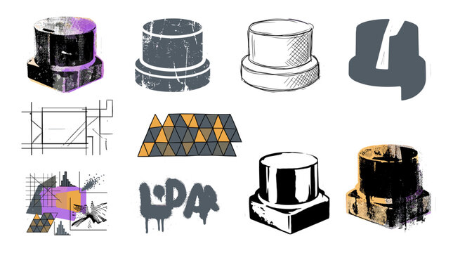 Collection of 3d rendering and modeling tools and objects including cubes and textures