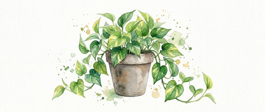 Watercolor illustration of a potted pothos plant isolated on white background