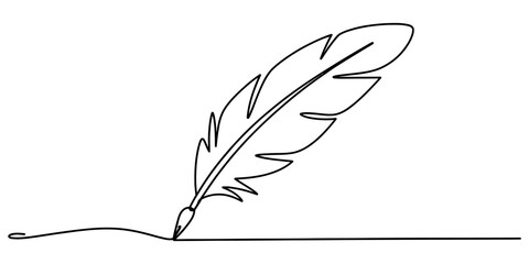 Continuous single line drawing of a vintage feather quill pen writing on paper © Vector