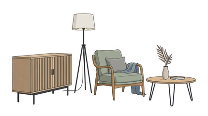Fototapeta premium Cozy Living Room Furniture Set: Armchair, Sideboard, Coffee Table, Floor Lamp