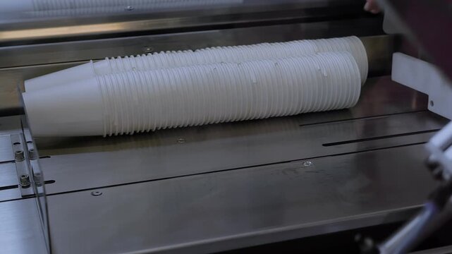 End of production line: stacks of finished white plastic cups produced by the high speed paper coffee cup making machine at exhibition, factory - close up. Industrial, equipment and technology concept