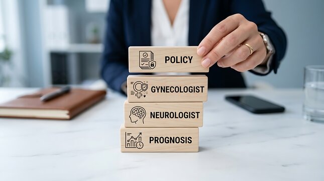 Business professional stacks wooden blocks with medical policy and specialization terms during a meeting