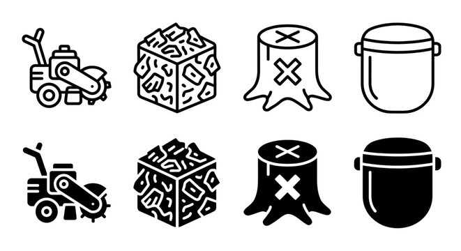 Icon set: stump grinder, wood cube, tree stump, protective visor