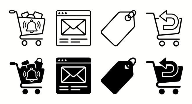 E-commerce icon set: shopping cart, email, tag, return symbols