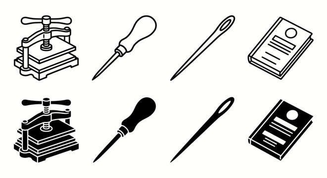 Black and white bookbinding tools: press, awl, needle, hardcover book icons