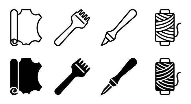 Set of leathercraft tools: leather, stitching needles, thread spools, and crafting tools icons
