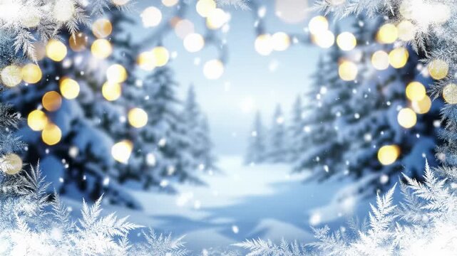 Gently falling snow drifts softly against a blurred winter landscape with warm golden bokeh, subtly framed by frosted window details. Peaceful, comforting luxury atmosphere