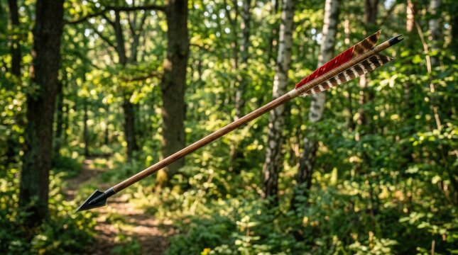 A traditional hunting arrow with fletching and a sharp metal tip flying through a forest