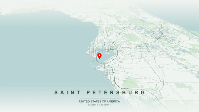 Modern minimalist vector map of St. Petersburg, Florida, USA. High-quality scalable illustration of St. Pete city grid, Tampa Bay waterfront contours for posters design.