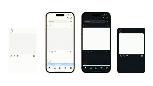 instagram mockup set with dark and light mode interface on smartphone screen isolated on PNG transparent background
