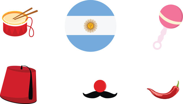 Argentina circular flag icon with baby rattle red drum traditional fez hat mustache and spicy chili pepper vector illustration setArgentina circular flag icon with baby rattle red drum traditional fez
