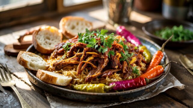 Egyptian cuisine . 
Fatta with mutton (Fatta / Fatta in Egyptian) is a festive dish of Egyptian cuisine, which is a layered casserole of crusty bread, rice and stewed meat with garlic vinegar sauce.