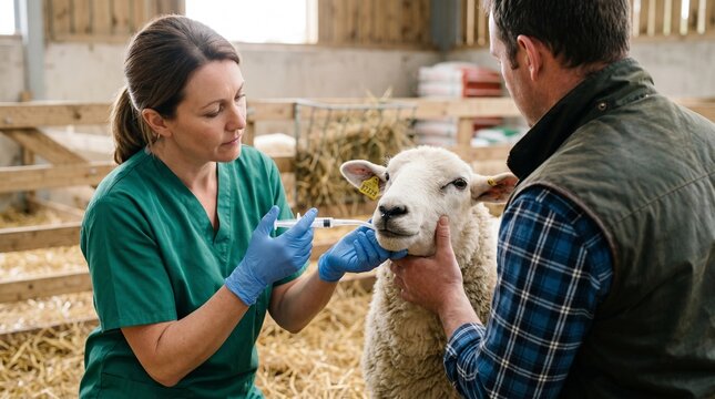 Sheep oral treatment, Farm veterinary dosing care, Sick ewe recovery, Clean barn pen, Farmer supported livestock medicine, Close up
