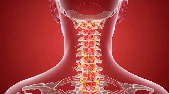 Cervical spine anatomy digital motion video showing human vertebrae structure with nervous system connections in a detailed medical animation clip
