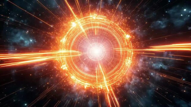 Energy portal explosion video showing bright glowing light beams radiating from a central circular core in dark deep space