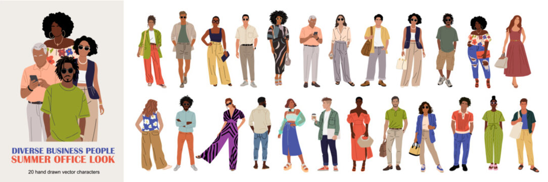 Summer office crowd smiles brightly in vibrant, casual styles. People stand relaxed, chatting, or posing confidently. Bright colors and trendy outfits suit warm, professional settings