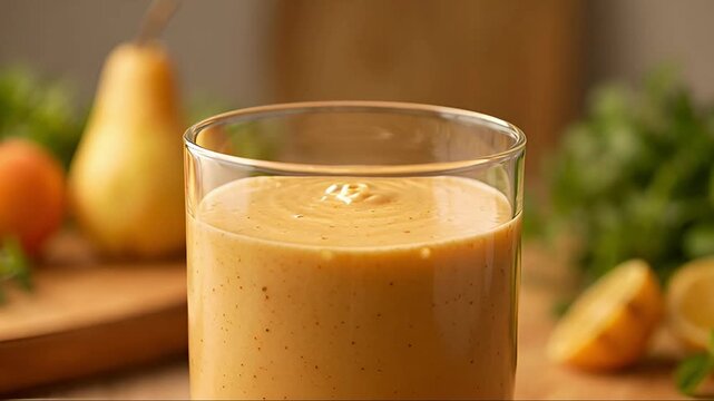 Creamy Pumpkin Smoothie or Latte in Glass With Autumn Harvest Ingredients