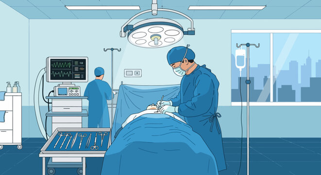 Surgeons Performing Operation in Modern Operating Room with Medical Equipment